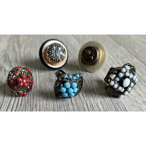 Lot Of Vintage Adjustable Rings Costume Jewelry Beads Rhinestone Brass